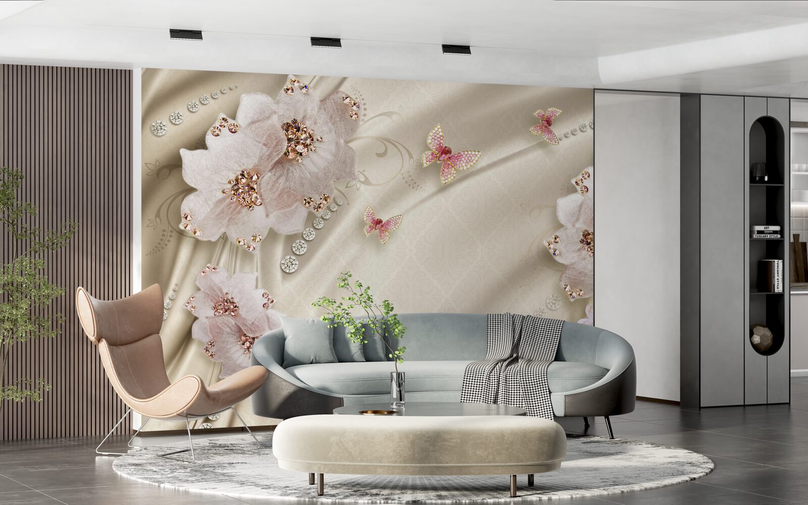 Фотошпалери шовк делікатно прикрашений метеликами та білосніжними квітами