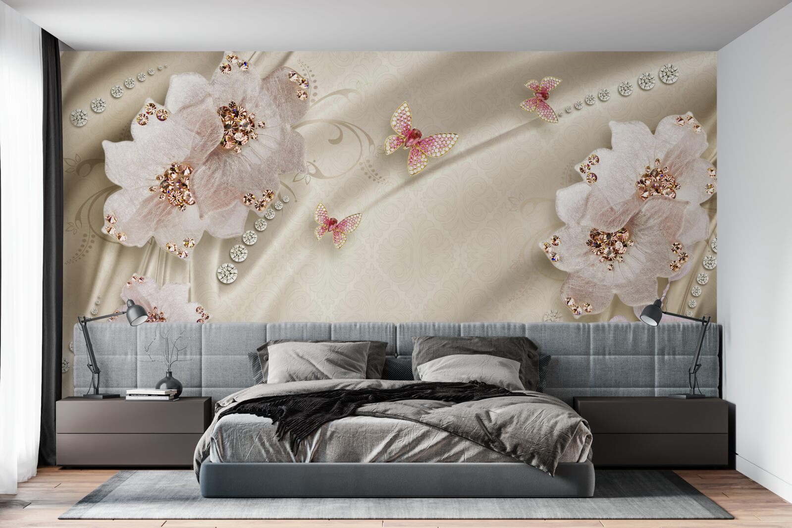 Фотошпалери шовк делікатно прикрашений метеликами та білосніжними квітами