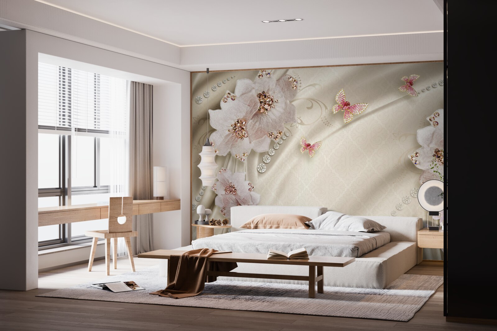 Фотошпалери шовк делікатно прикрашений метеликами та білосніжними квітами