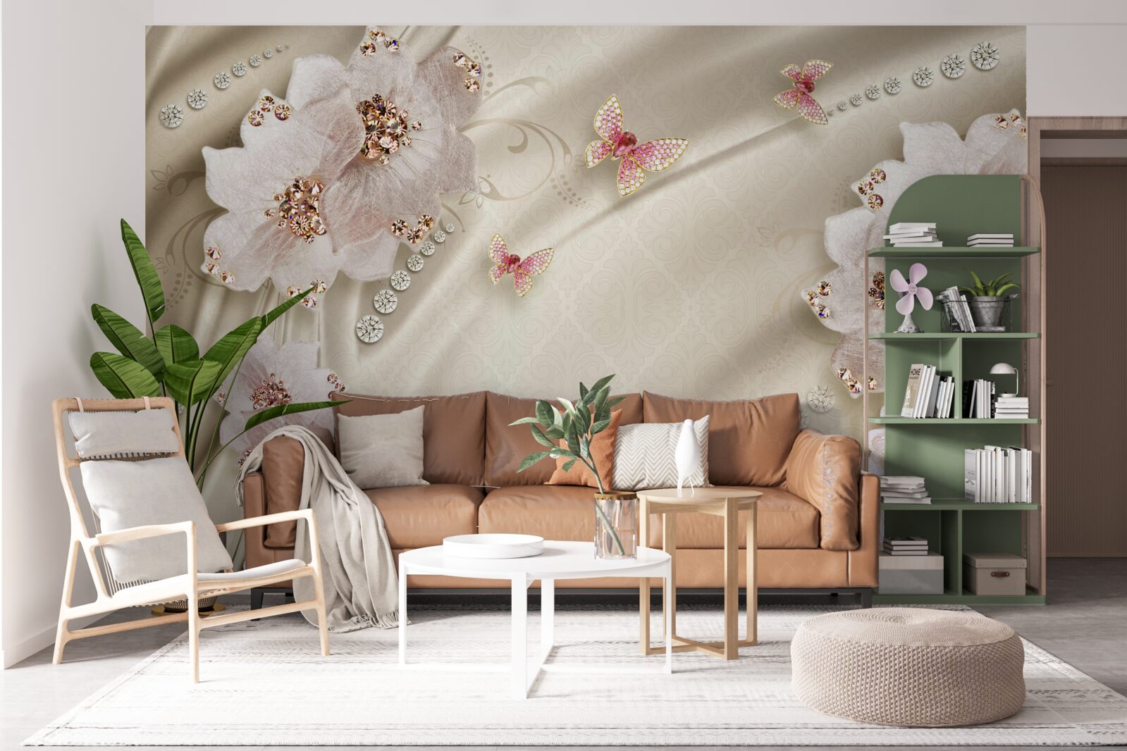 Фотошпалери шовк делікатно прикрашений метеликами та білосніжними квітами