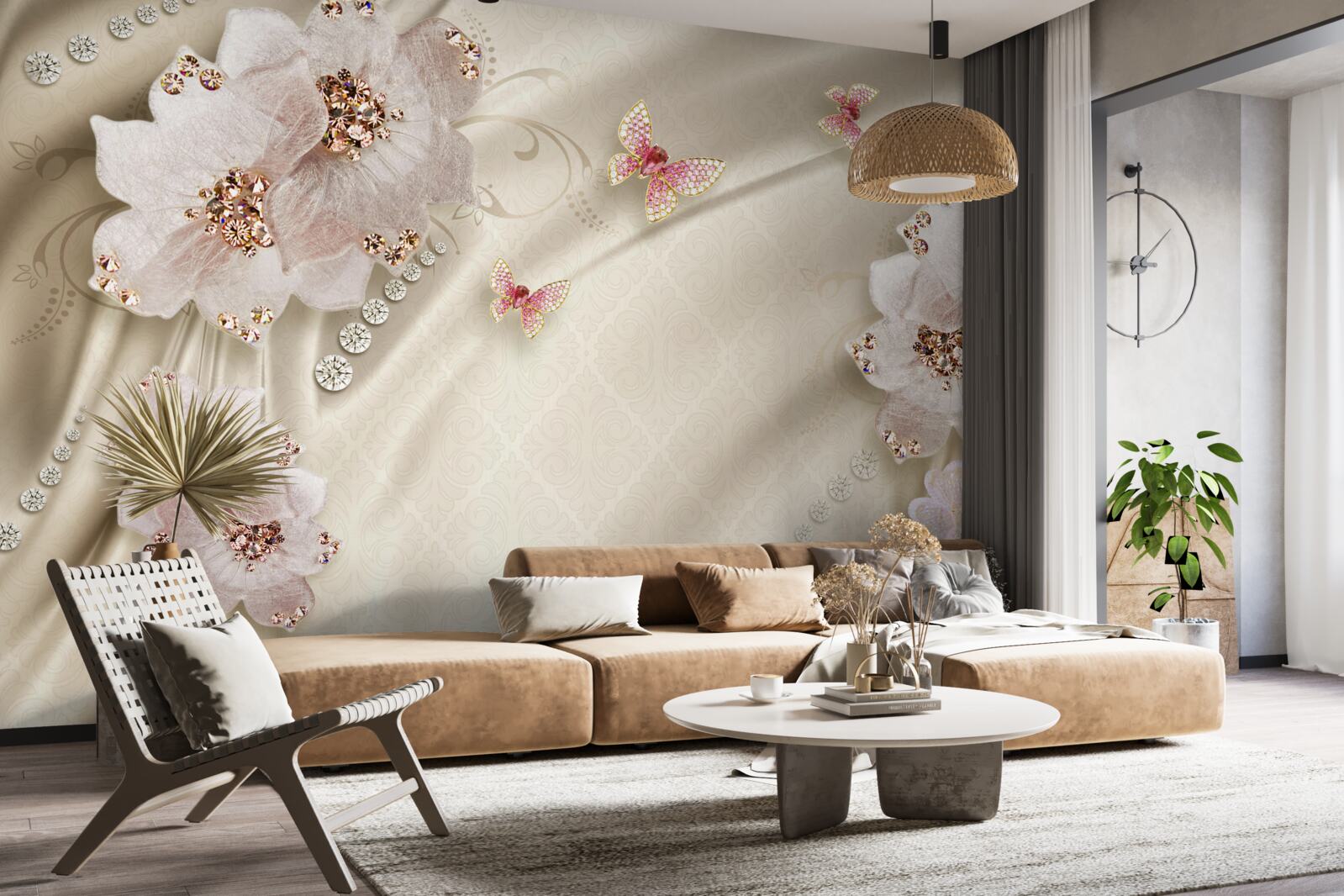 Фотошпалери шовк делікатно прикрашений метеликами та білосніжними квітами