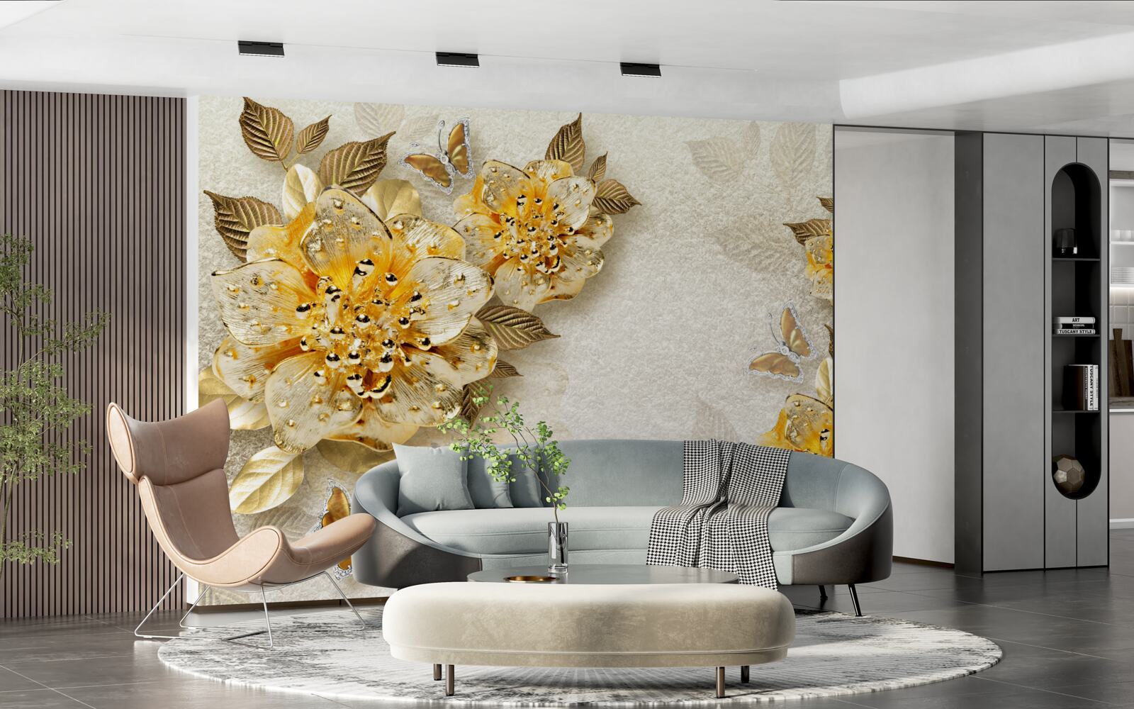 Фотошпалери золоті квіти в 3d