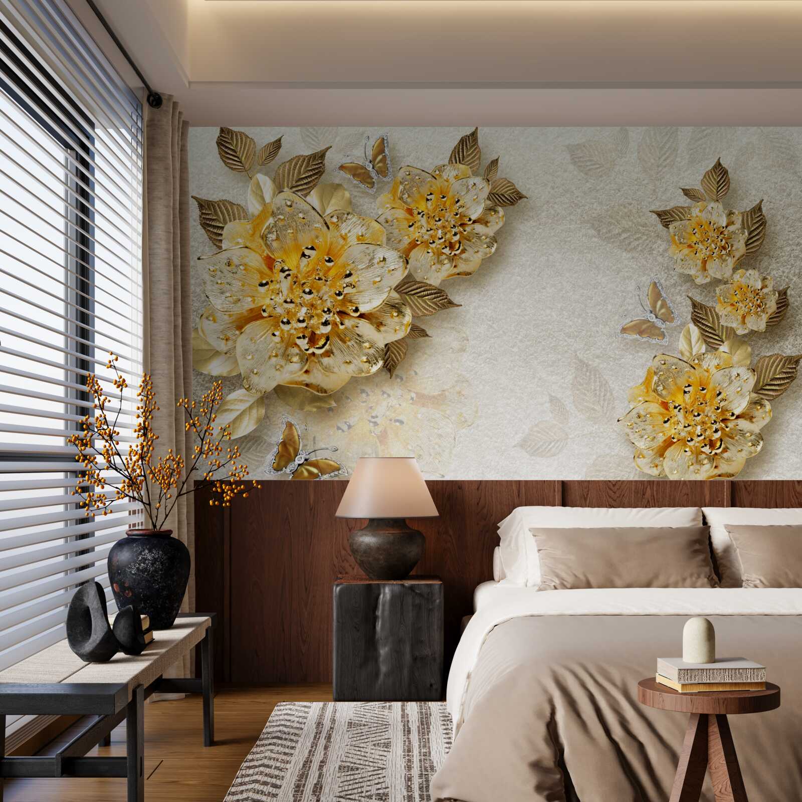 Фотошпалери золоті квіти в 3d