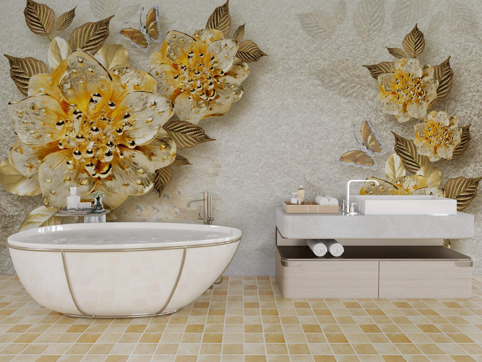 Фотошпалери золоті квіти в 3d