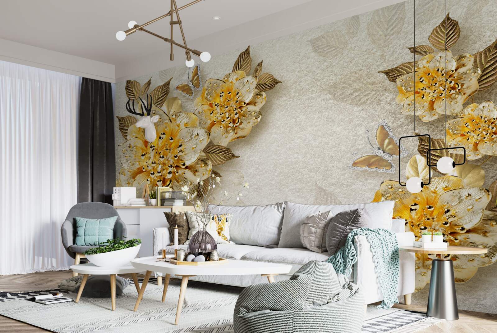 Фотошпалери золоті квіти в 3d