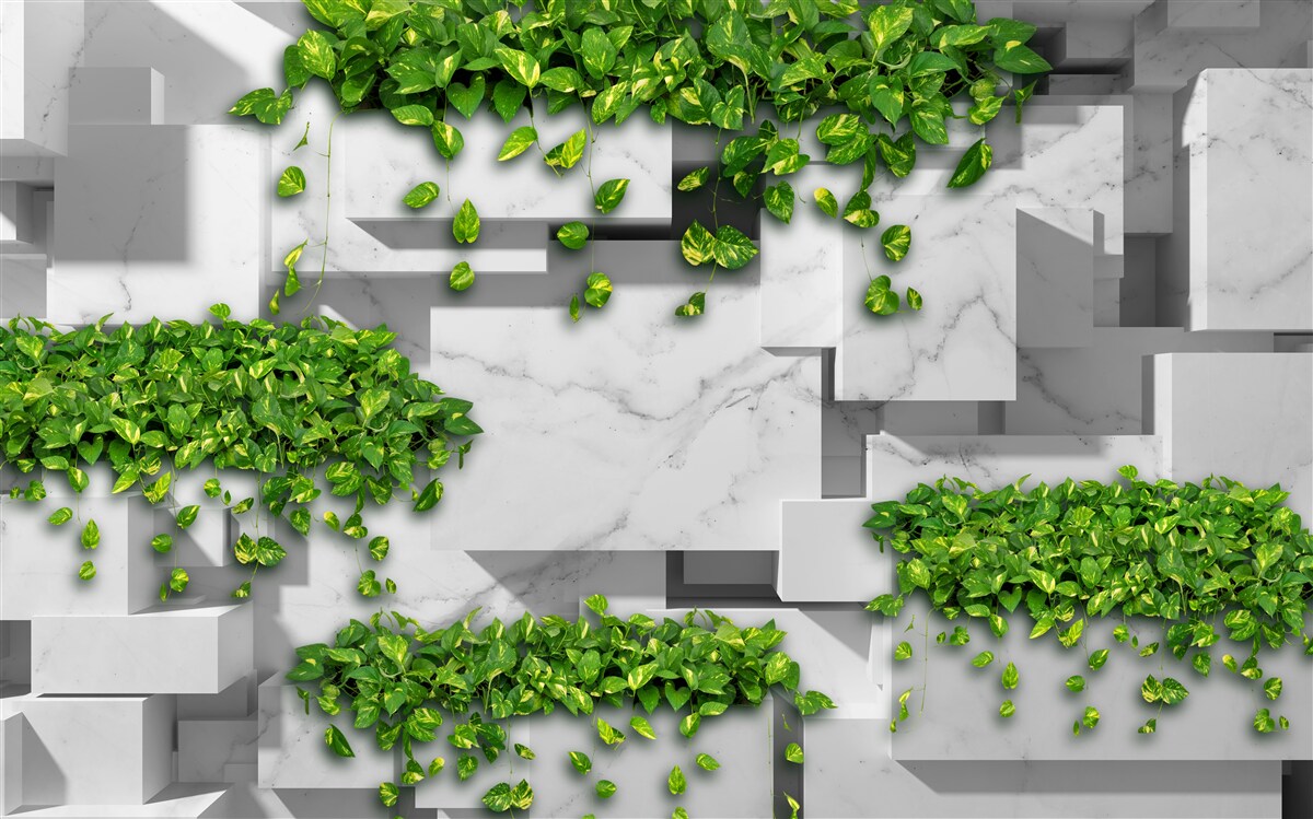 Фотошпалери горщик з квітами, зелена стіна та рослини