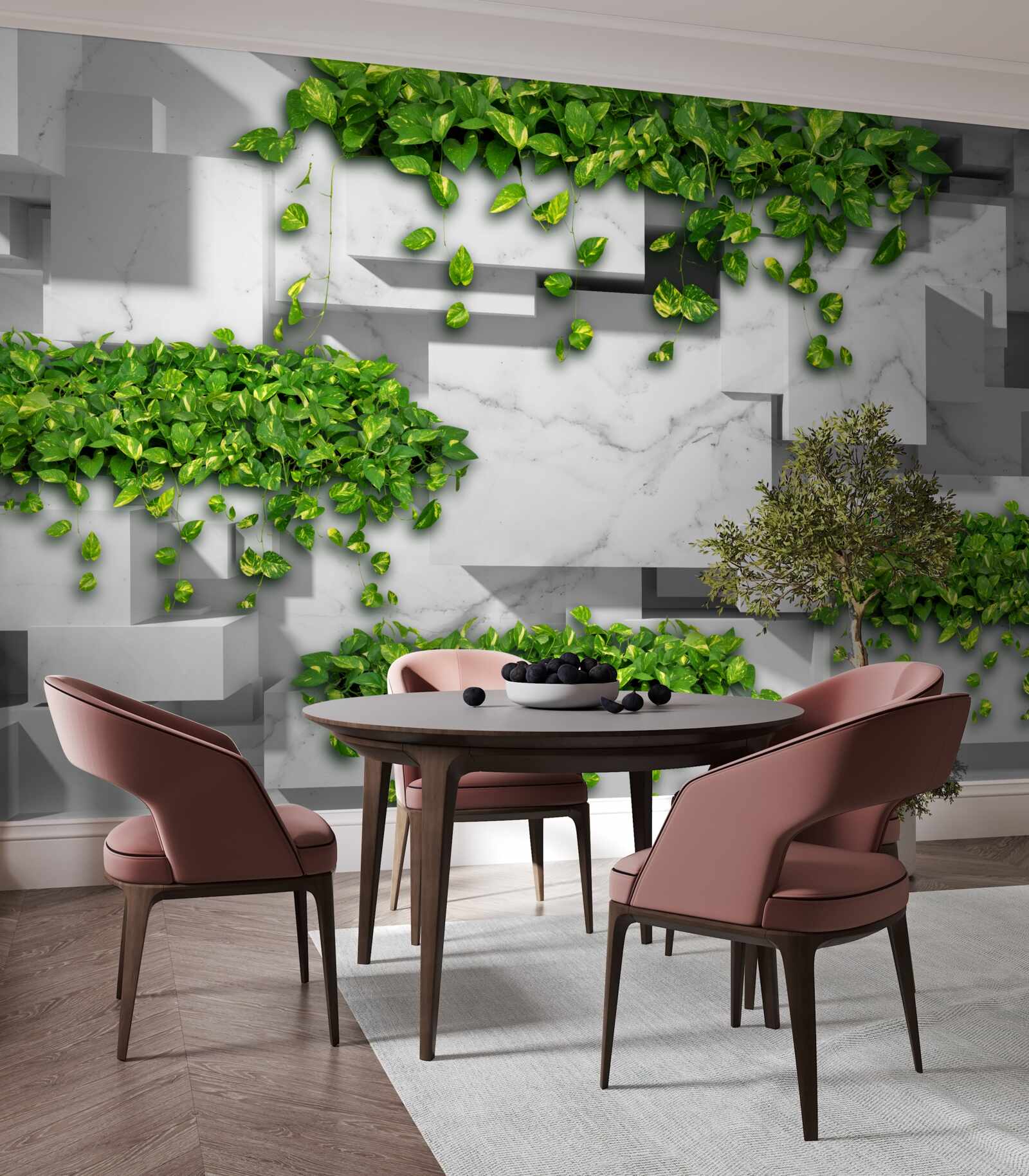 Фотошпалери горщик з квітами, зелена стіна та рослини