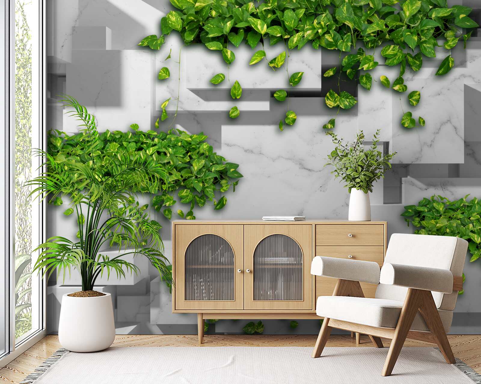 Фотошпалери горщик з квітами, зелена стіна та рослини