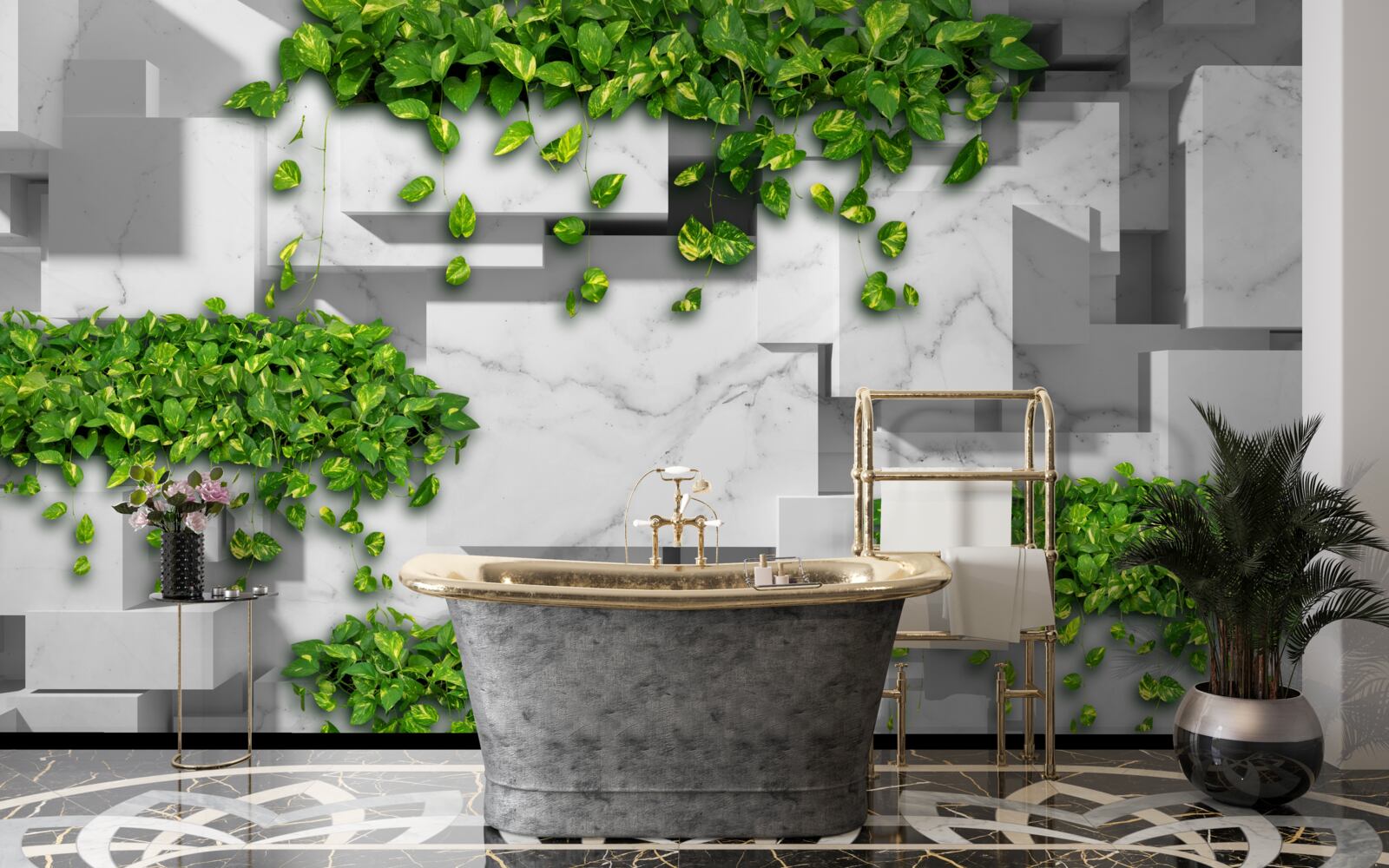 Фотошпалери горщик з квітами, зелена стіна та рослини