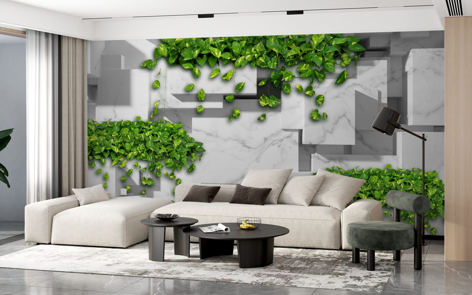 Фотошпалери горщик з квітами, зелена стіна та рослини