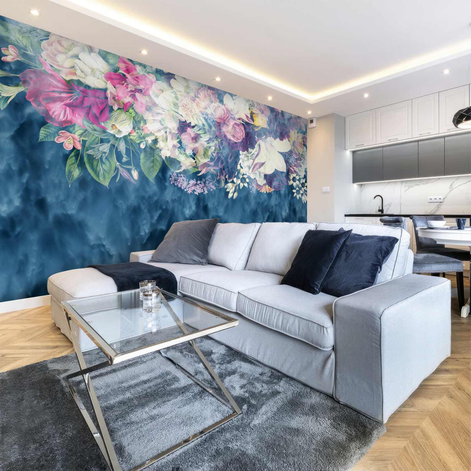 Фотошпалери Стіна, диван і синій відтінок