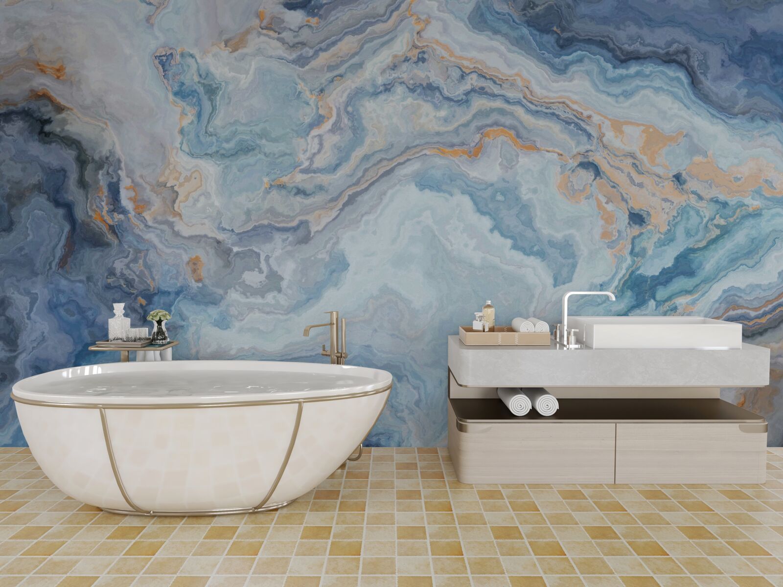 Фотошпалери мінерал з блакитним відтінком на настінному розписі