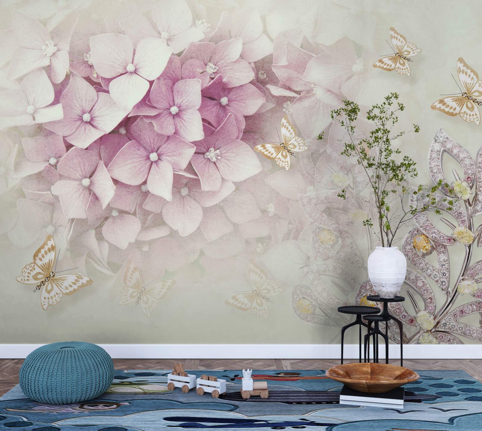 Фотошпалери метелики та бутони троянд