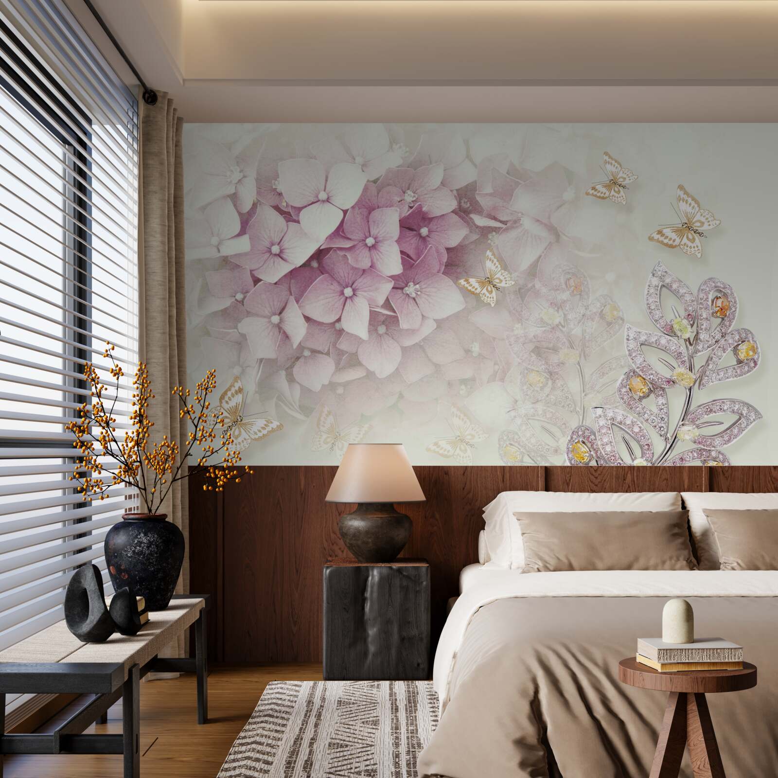 Фотошпалери метелики та бутони троянд