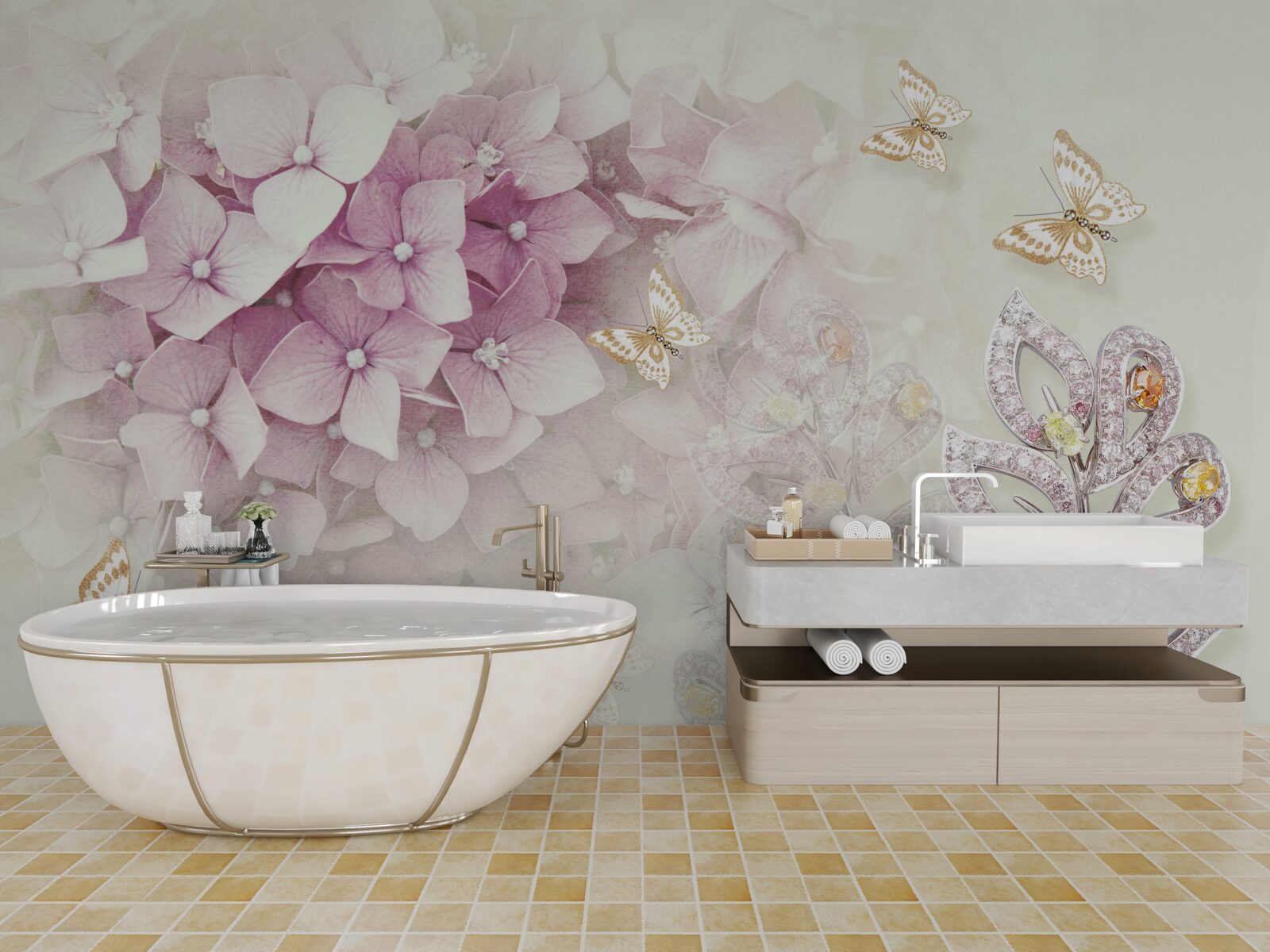 Фотошпалери метелики та бутони троянд