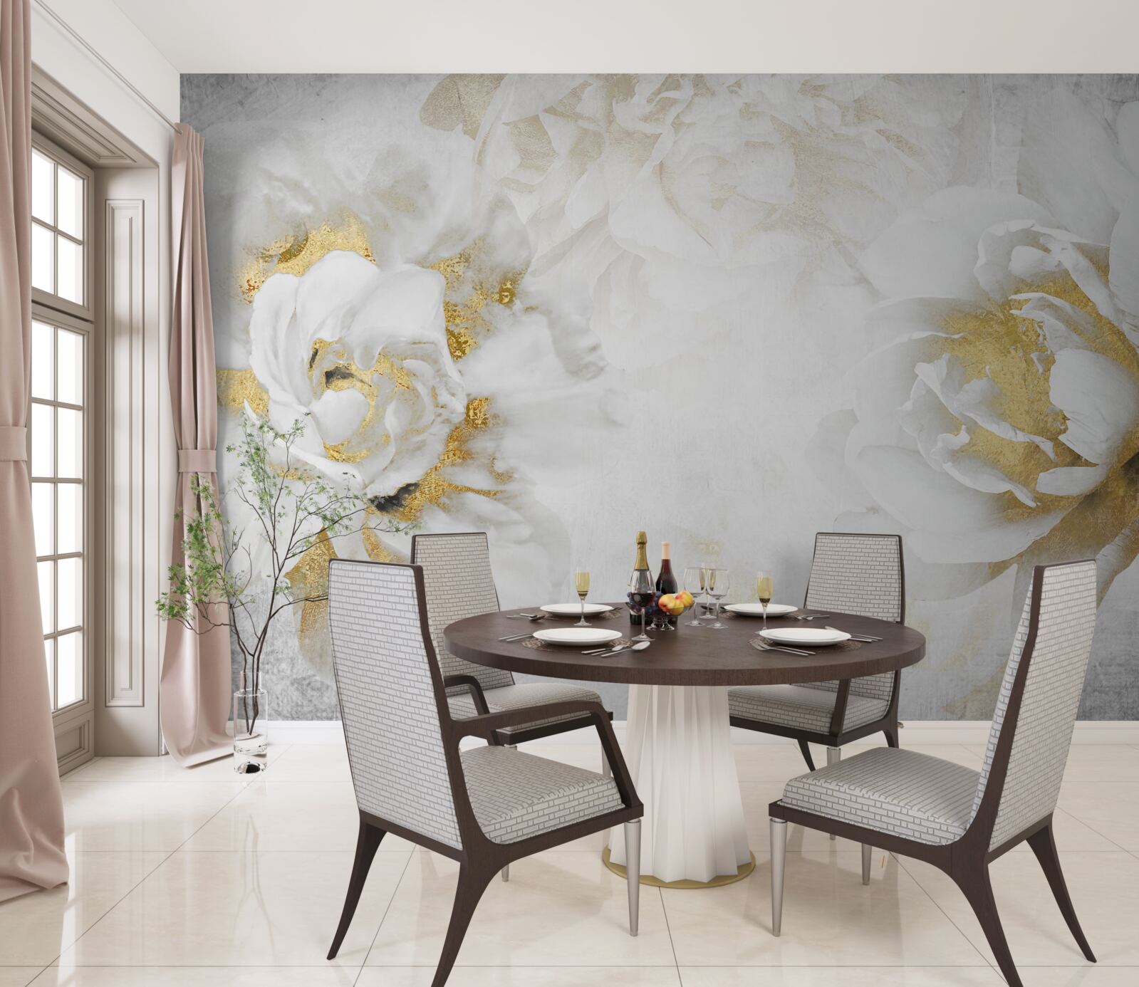 Фотошпалери білі квіти з золотими акцентами