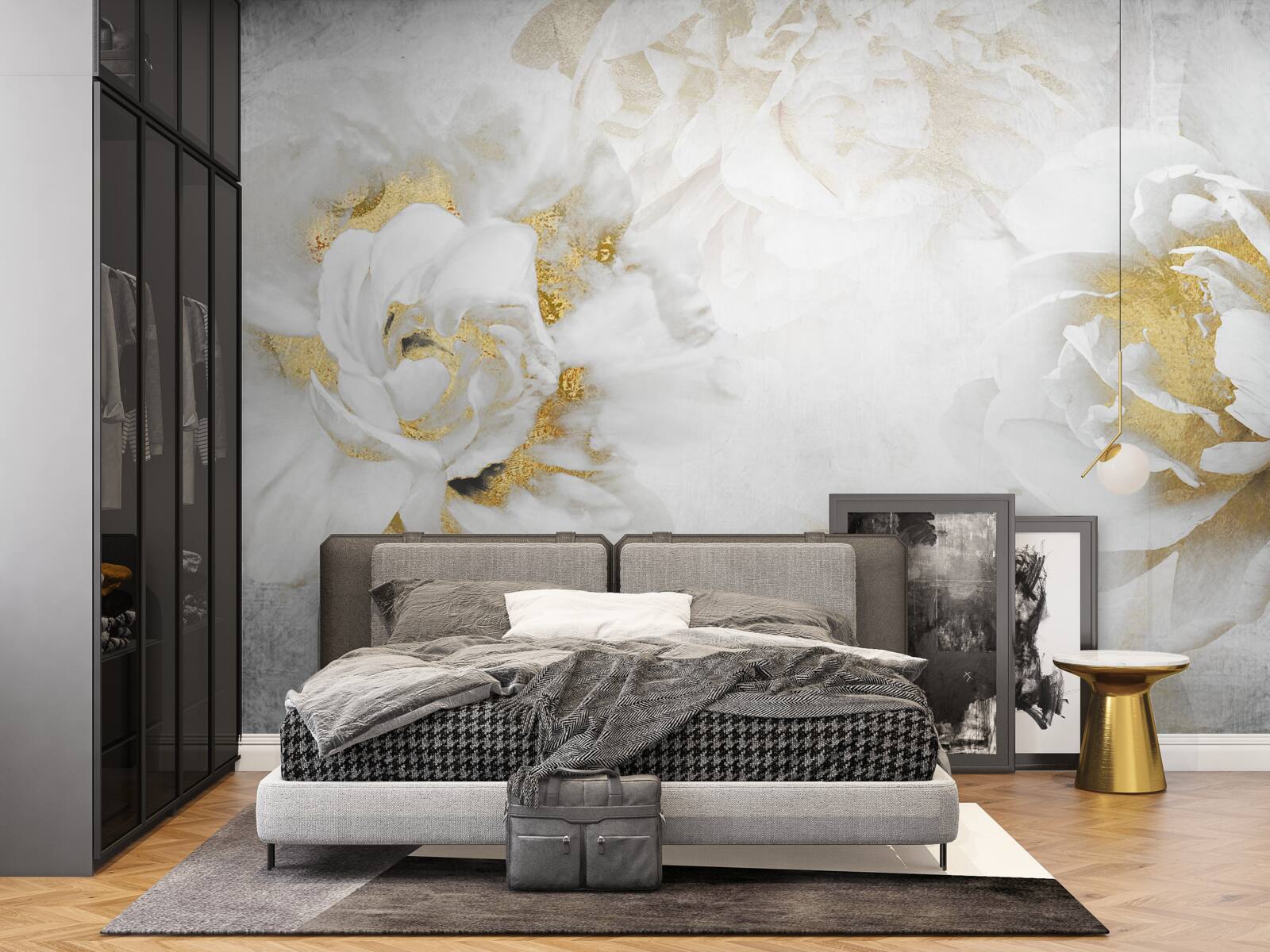 Фотошпалери білі квіти з золотими акцентами