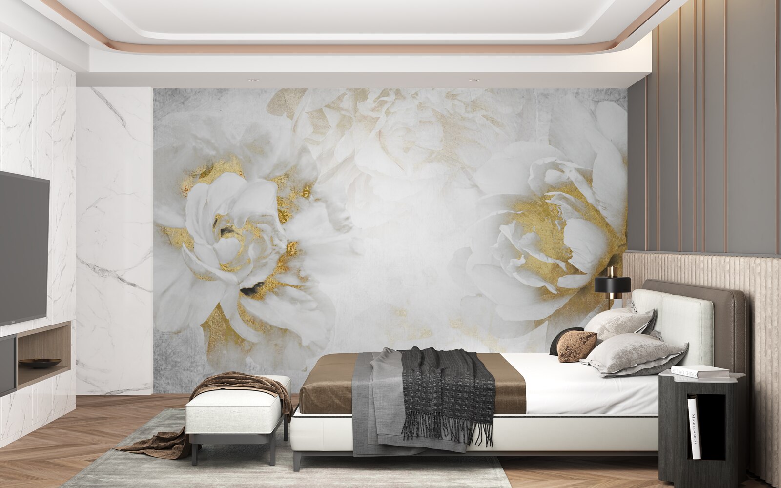 Фотошпалери білі квіти з золотими акцентами