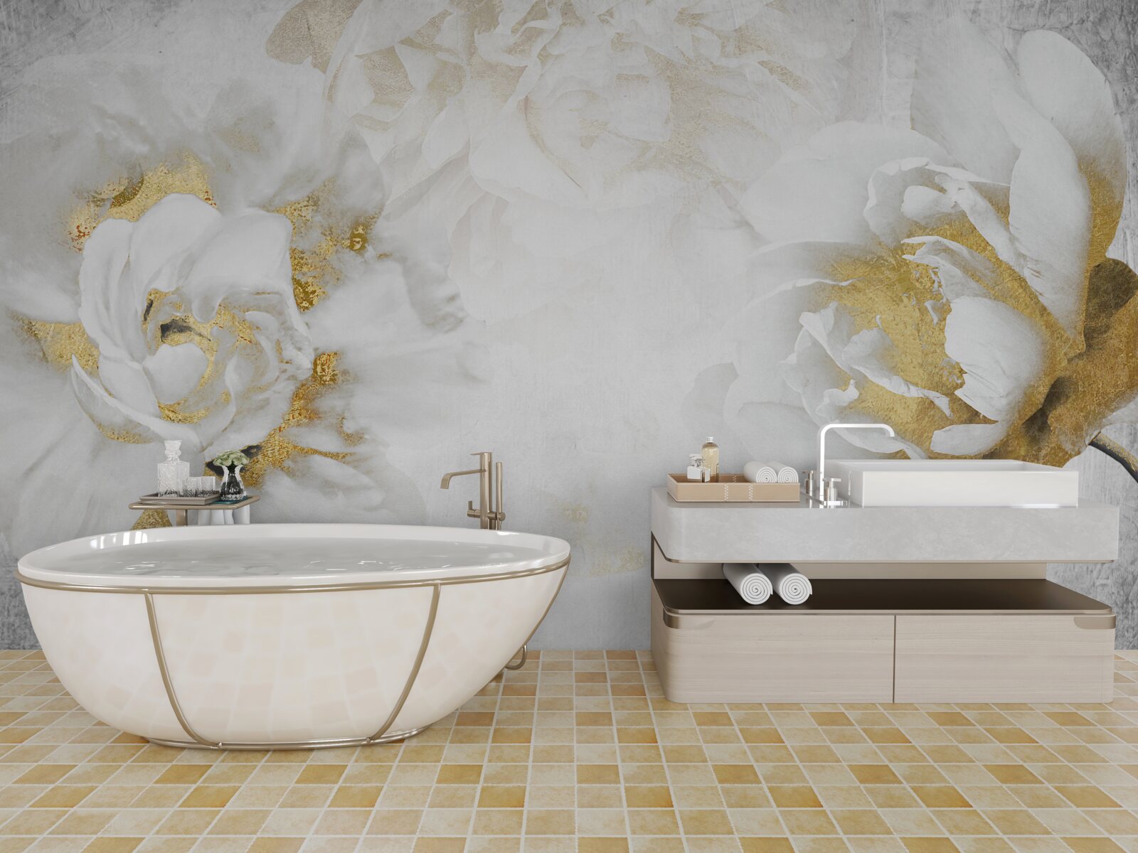 Фотошпалери білі квіти з золотими акцентами