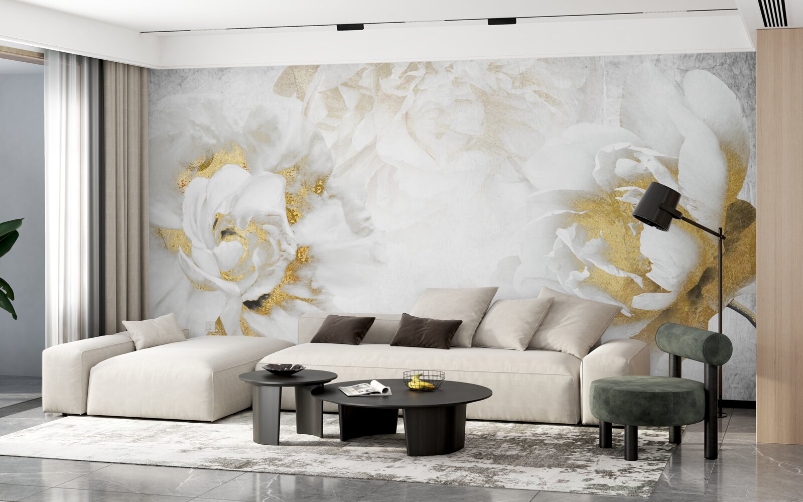 Фотошпалери білі квіти з золотими акцентами