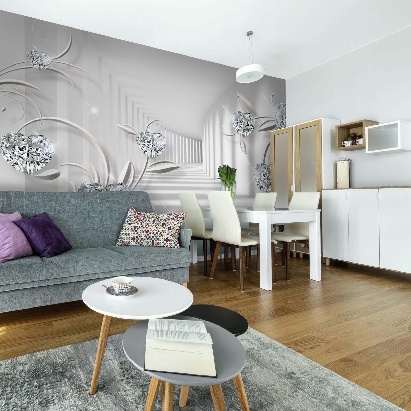 Фотошпалери кімната у відтінках білого з діамантами