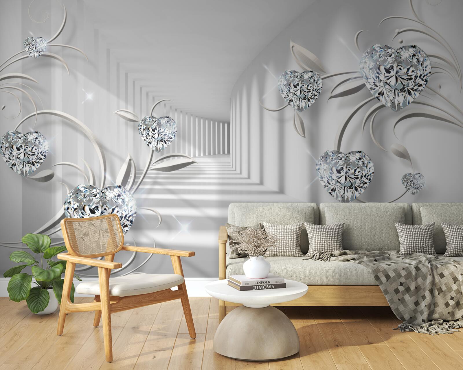 Фотошпалери кімната у відтінках білого з діамантами