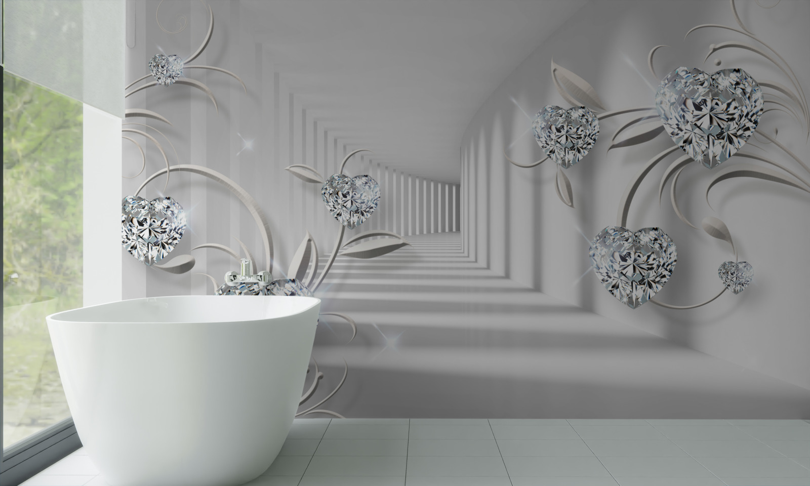 Фотошпалери кімната у відтінках білого з діамантами