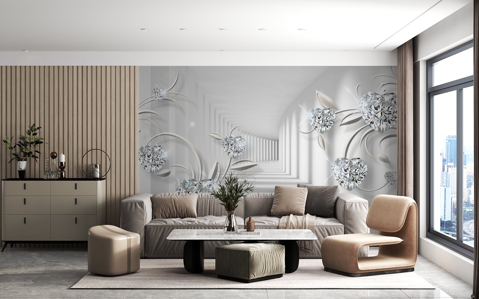 Фотошпалери кімната у відтінках білого з діамантами