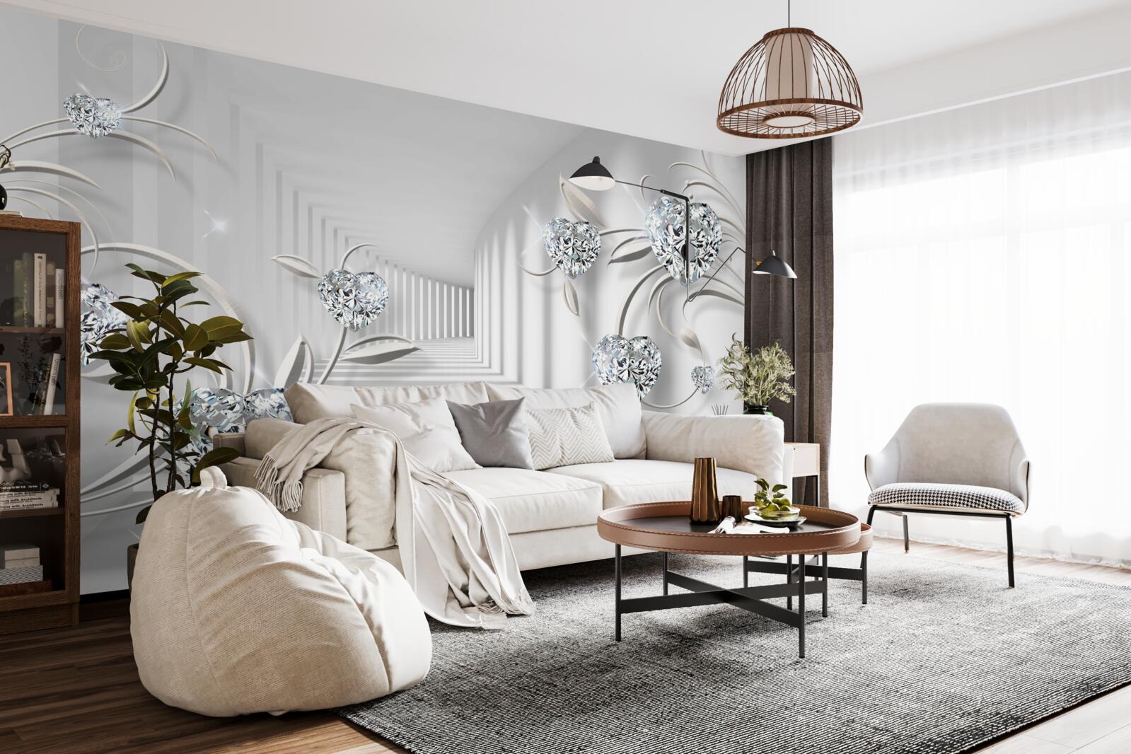 Фотошпалери кімната у відтінках білого з діамантами