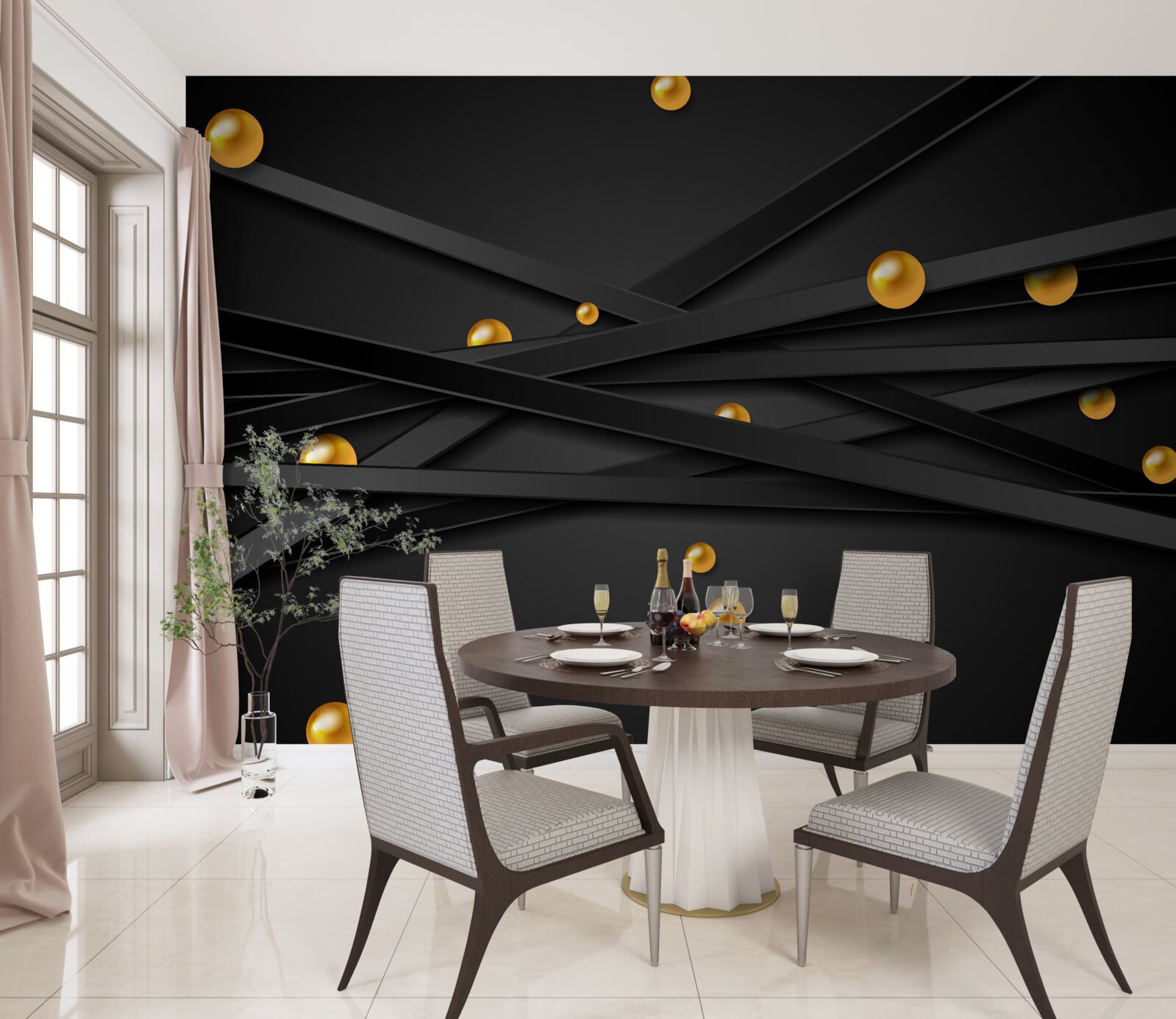 Фотошпалери на стіні висять золоті кола