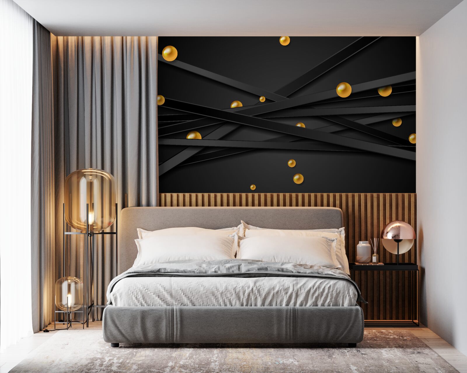 Фотошпалери на стіні висять золоті кола