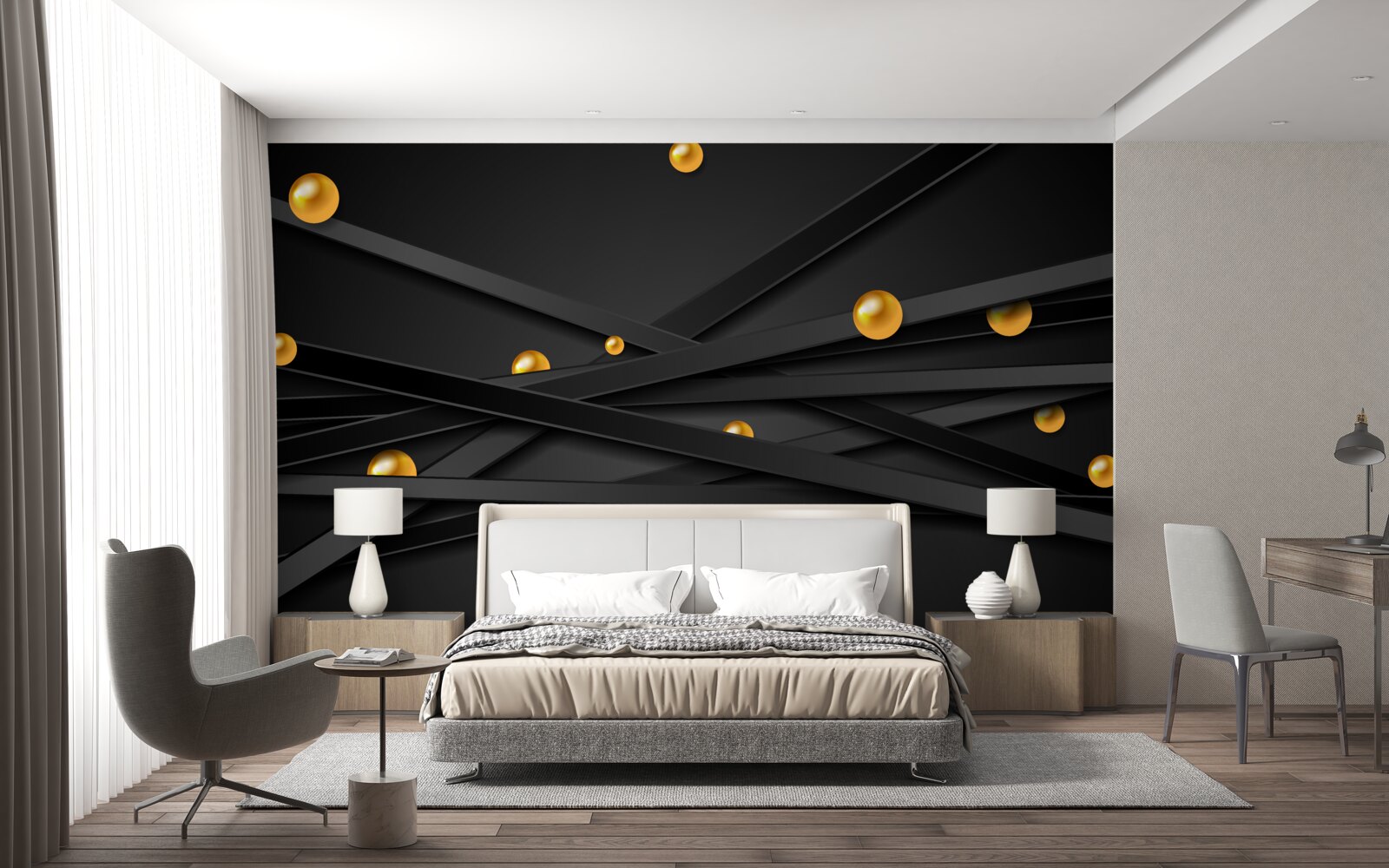 Фотошпалери на стіні висять золоті кола