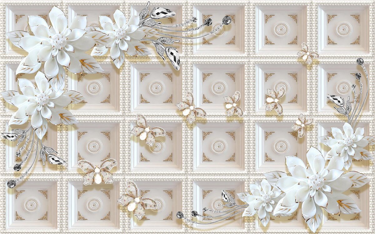 Фотошпалери білі квіти на настінному розписі