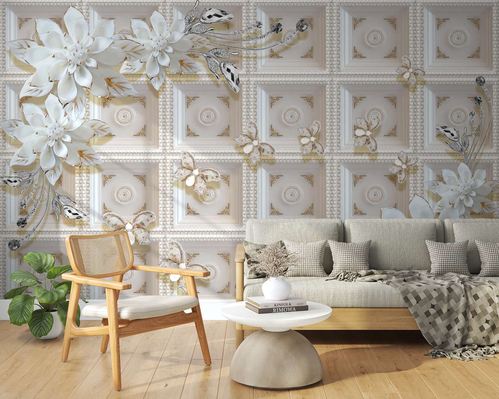 Фотошпалери білі квіти на настінному розписі