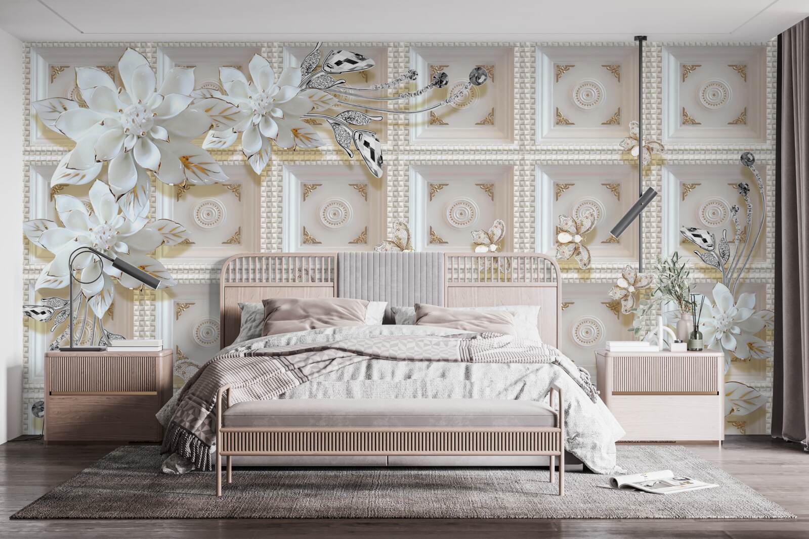 Фотошпалери білі квіти на настінному розписі