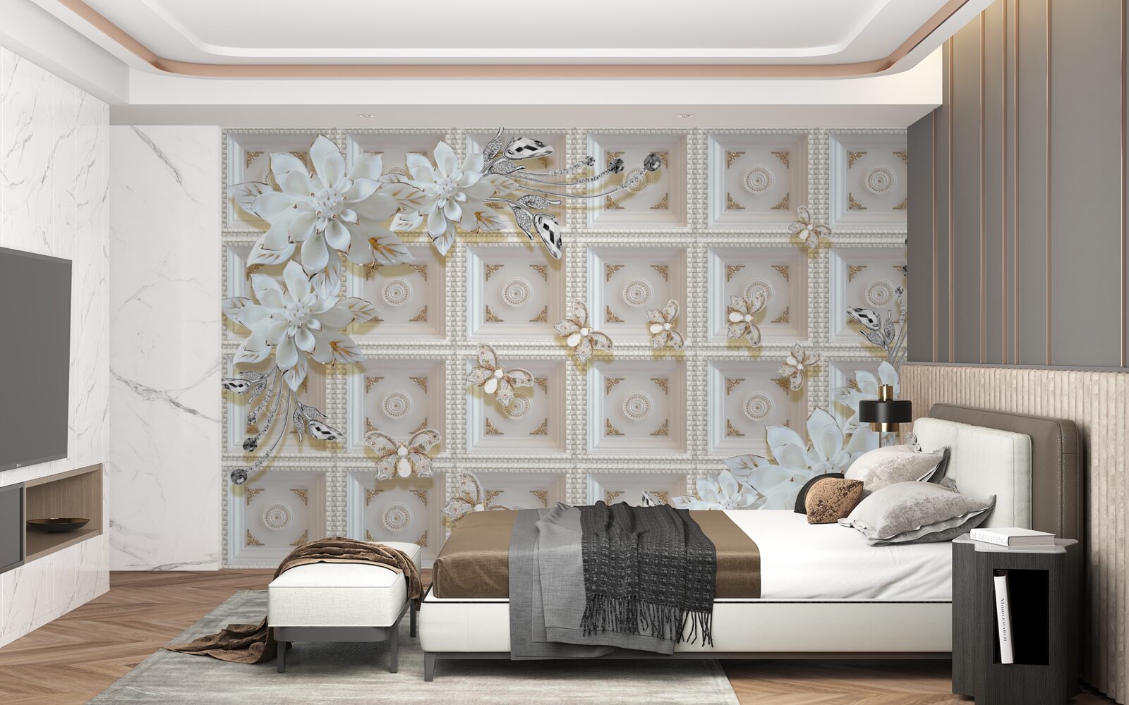 Фотошпалери білі квіти на настінному розписі