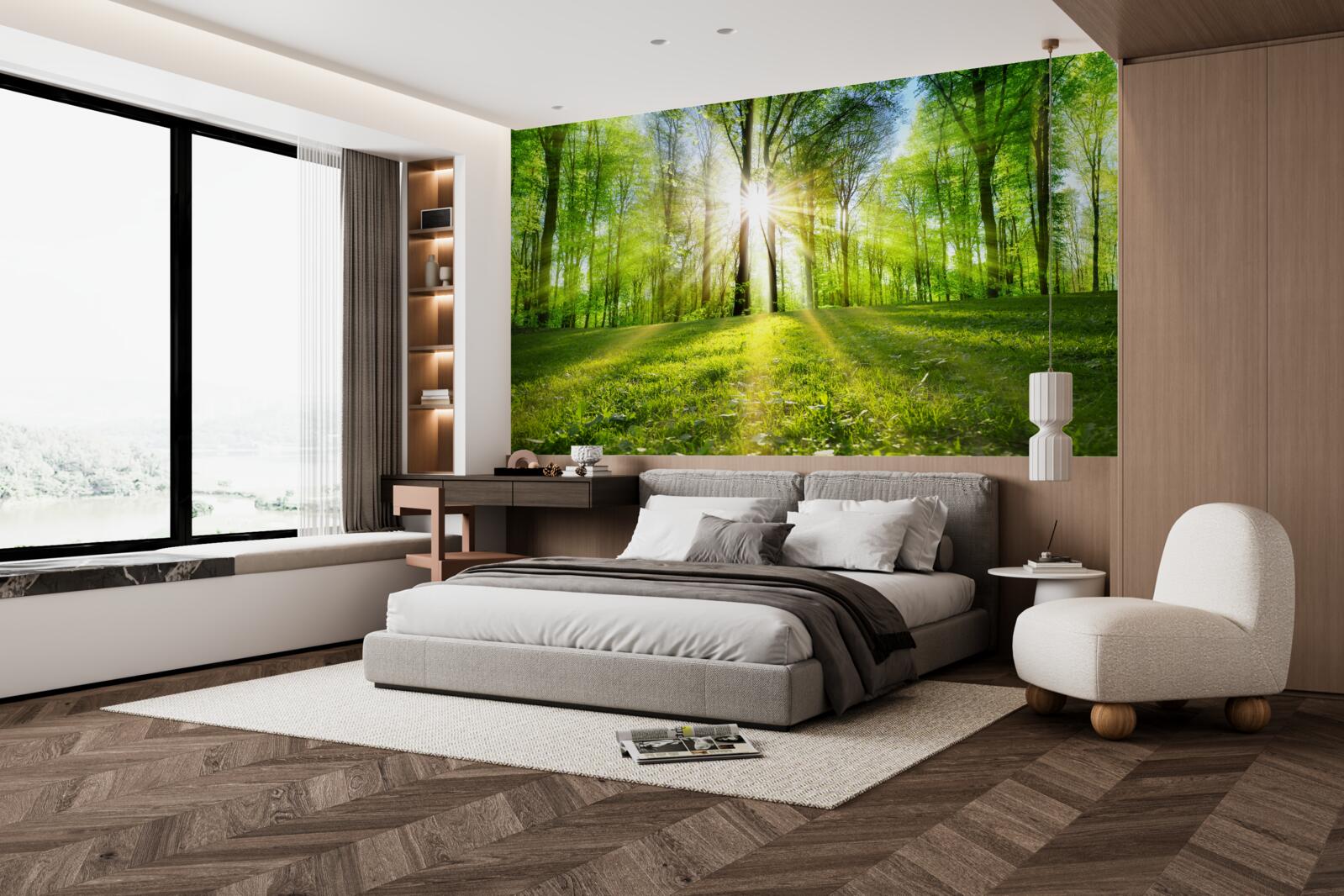 Фотошпалери сонячні промені проникають крізь дерева