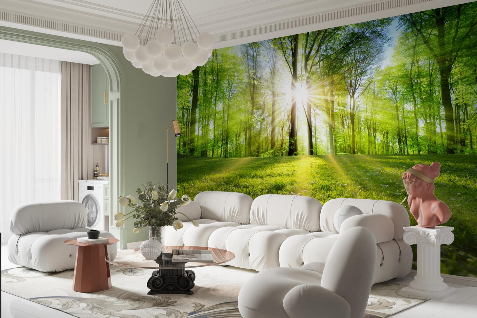 Фотошпалери сонячні промені проникають крізь дерева