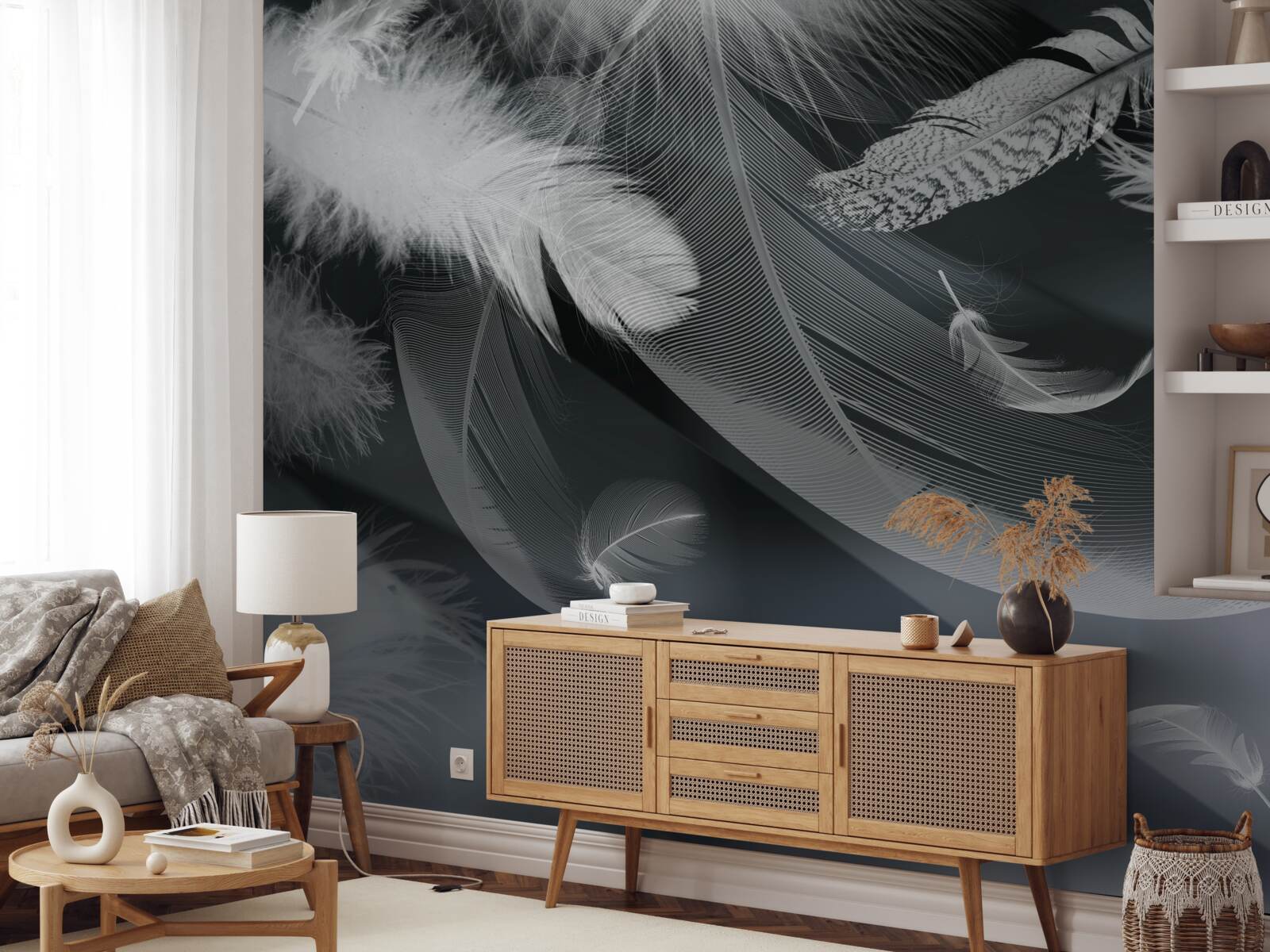 Фотошпалери темний фон, прикрашений пір'ям