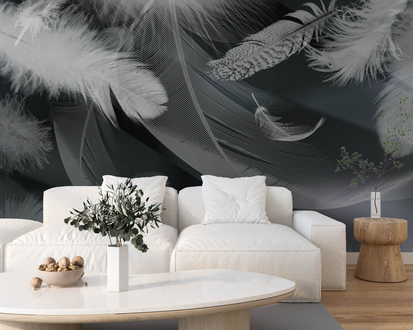 Фотошпалери темний фон, прикрашений пір'ям