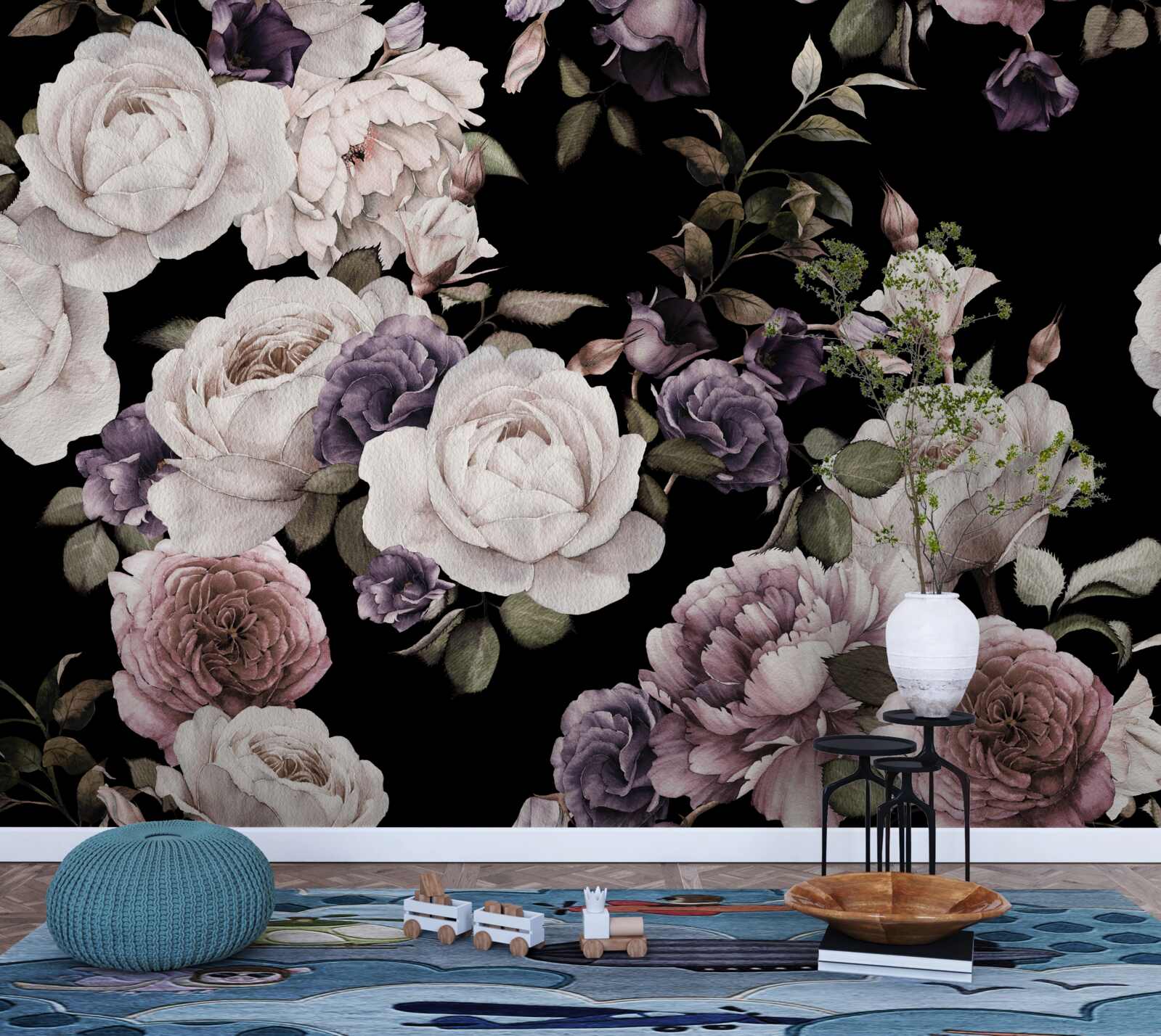 Фотошпалери темний фон, прикрашений півоніями