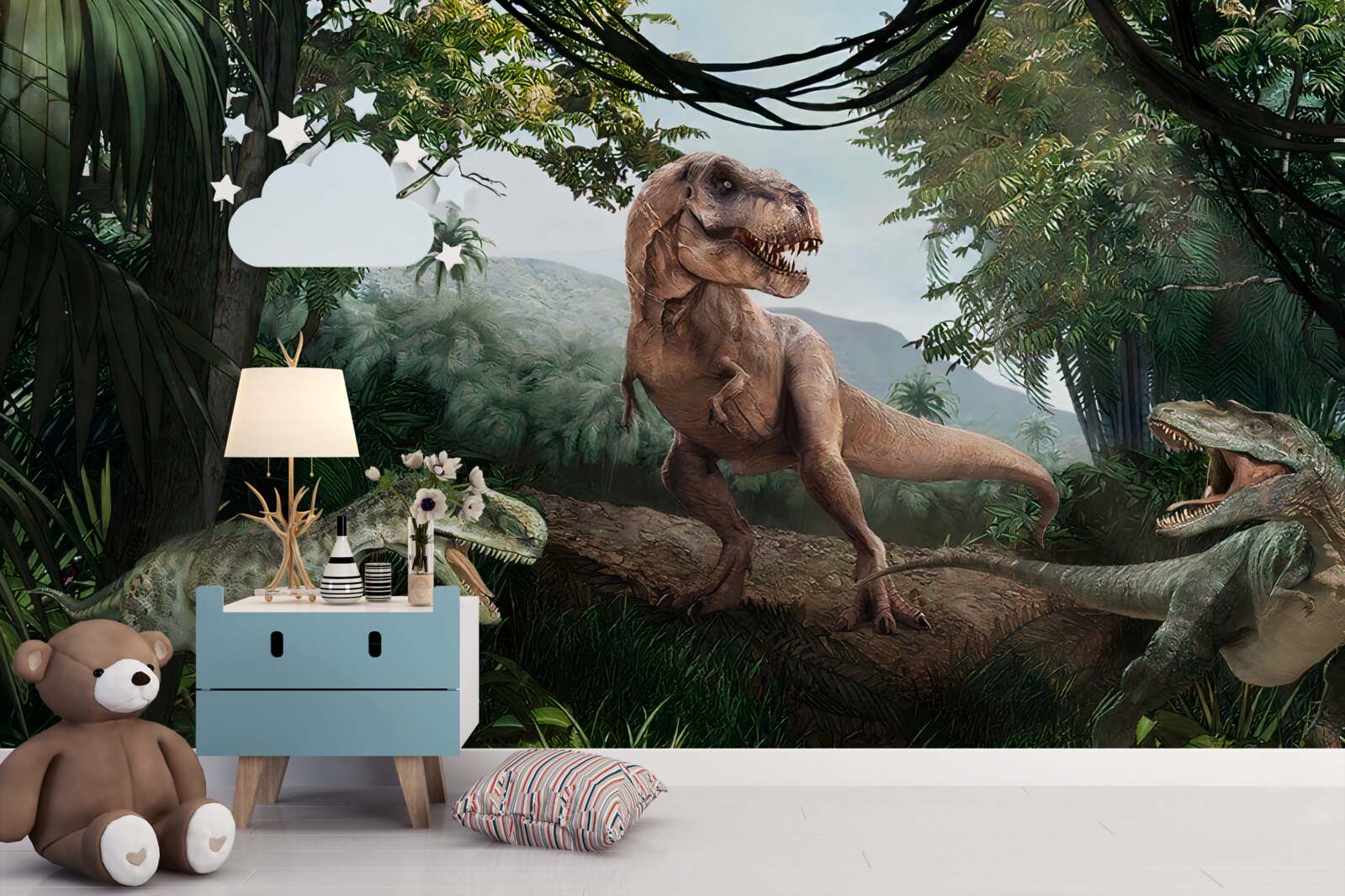 Фотошпалери велоцираптор, світанок і доісторична ящірка