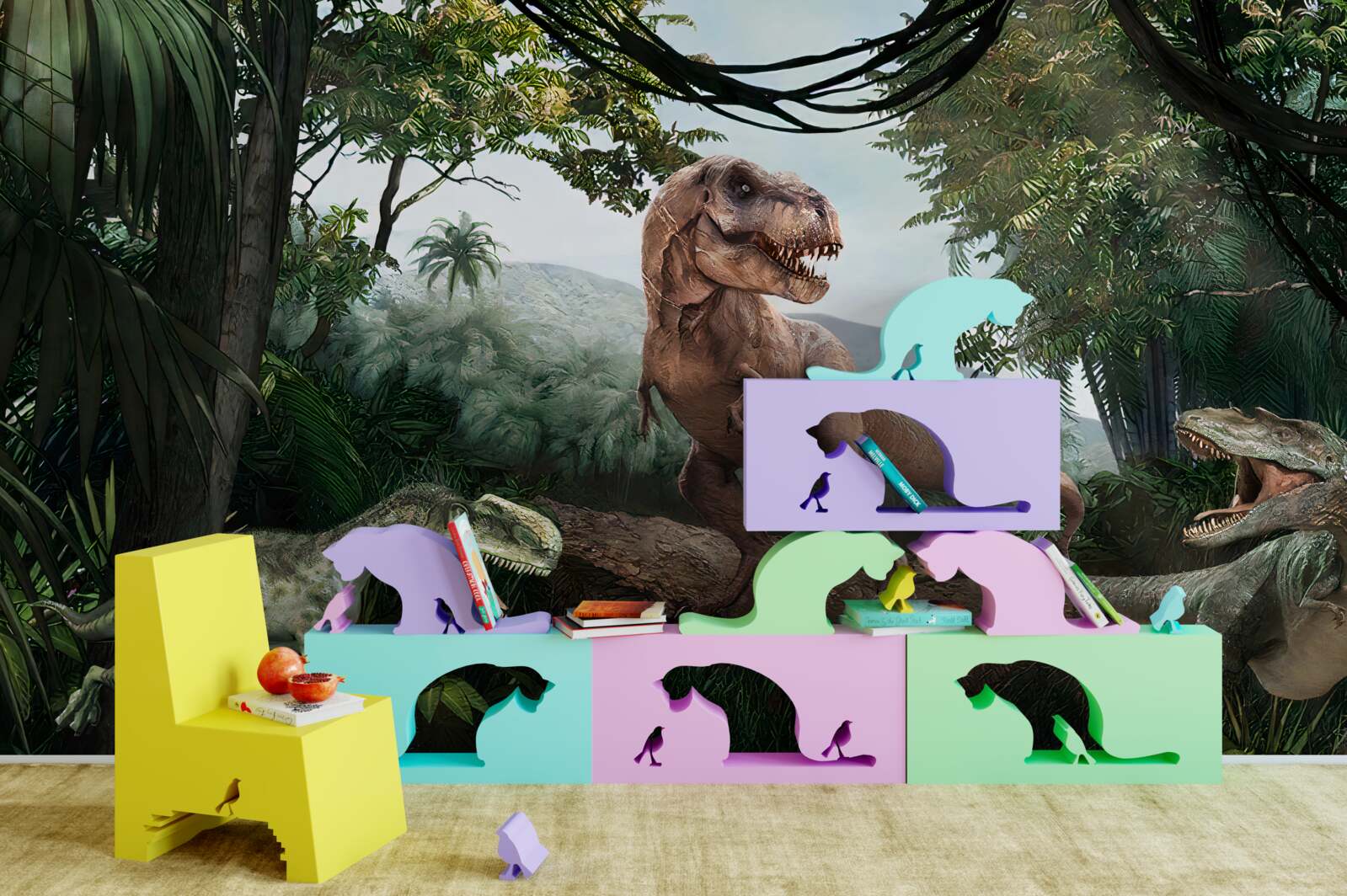 Фотошпалери велоцираптор, світанок і доісторична ящірка