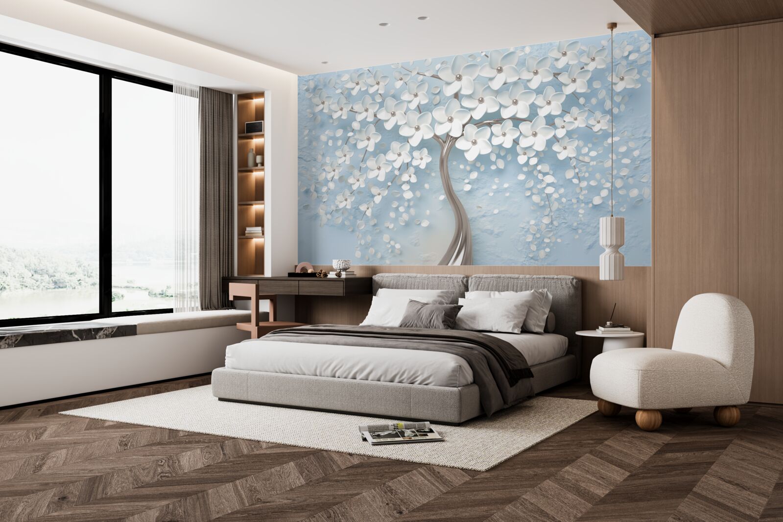 Фотошпалери на тлі блакитного неба стоїть дерево