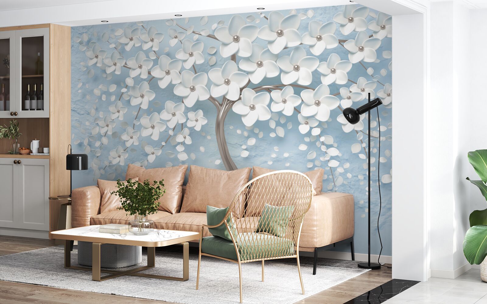 Фотошпалери на тлі блакитного неба стоїть дерево