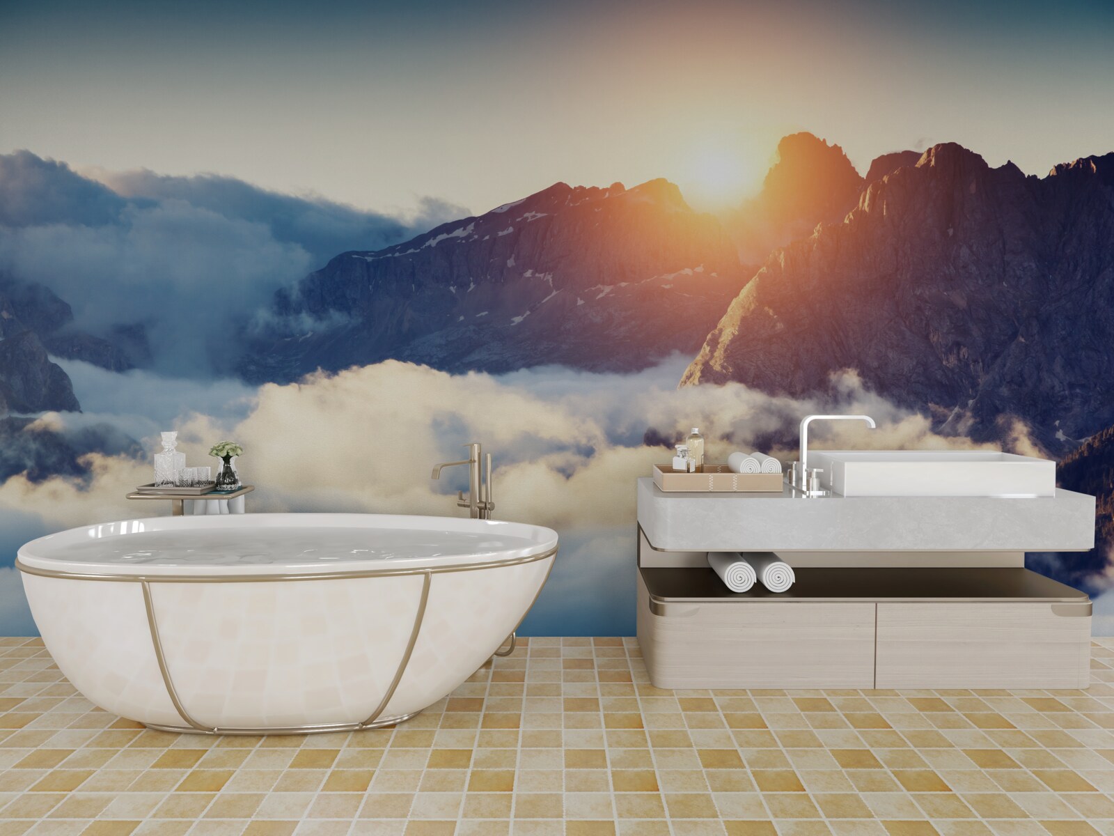 Фотошпалери захід сонця в гірському ландшафті