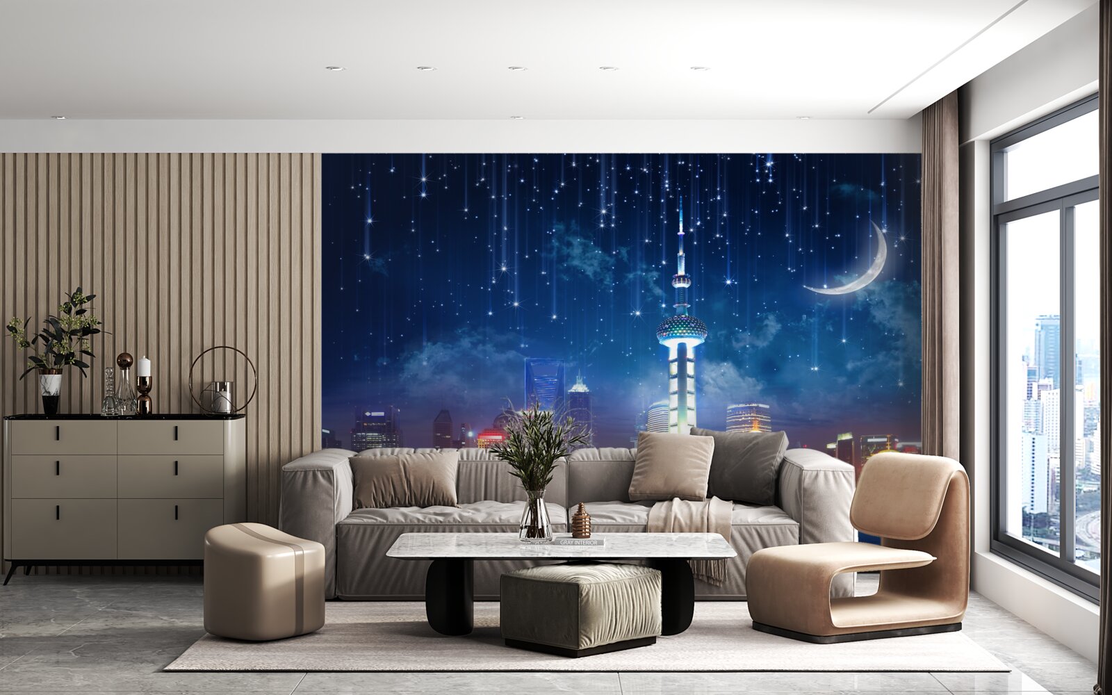 Фотошпалери сині та фіолетові меблі