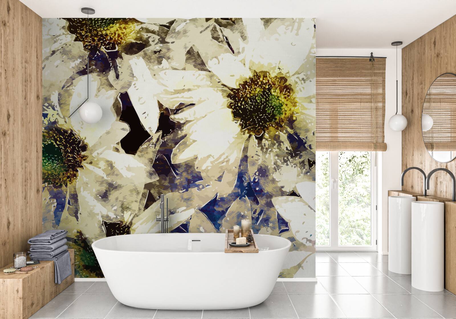 Фотошпалери акварель із зображенням білих ромашок