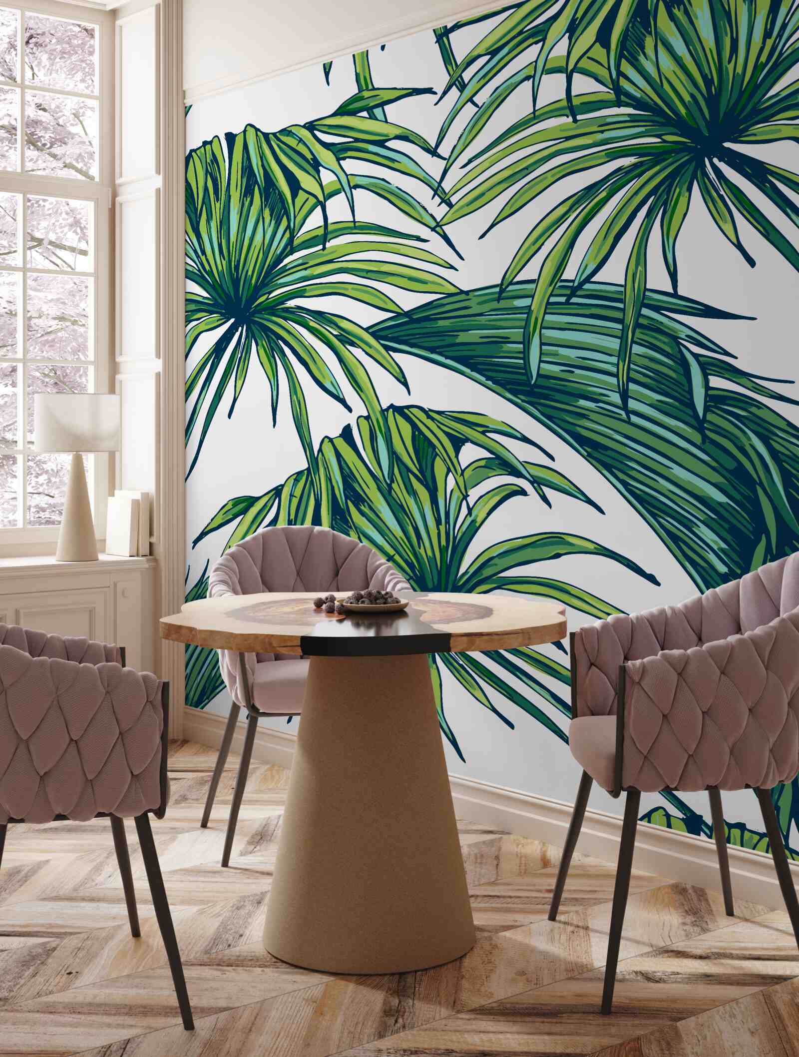 Фотошпалери зелені пальми на білосніжній поверхні