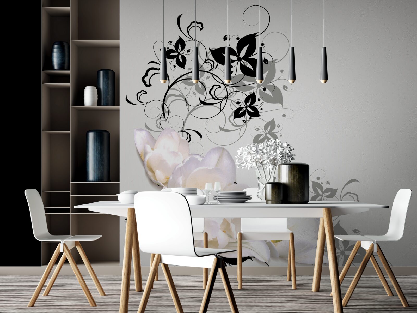 Фотошпалери на сірому тлі зображено латаття з темним листям